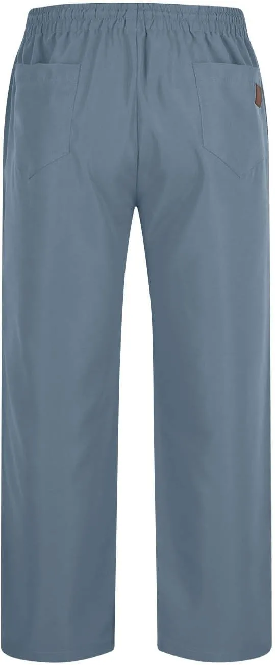 Elastic Waist Cotton Casual Pants Men Relaxed Pockets Summer Outdoor Daily Lounge Travel Hiking Breathable Durable