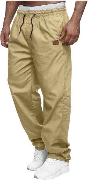 Elastic Waist Cotton Casual Pants Men Relaxed Pockets Summer Outdoor Daily Lounge Travel Hiking Breathable Durable