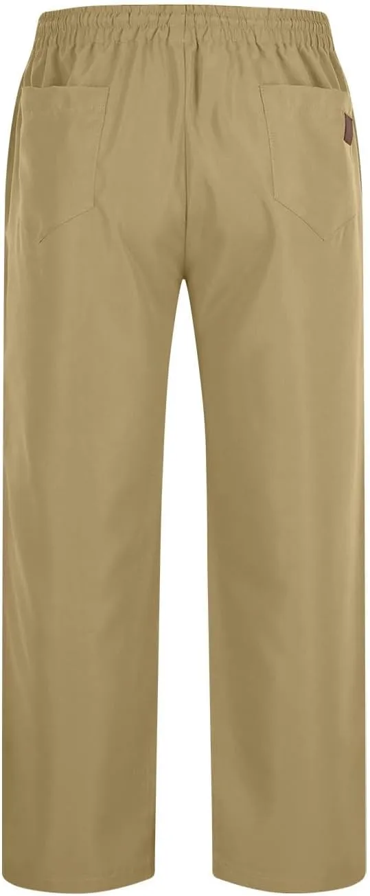 Elastic Waist Cotton Casual Pants Men Relaxed Pockets Summer Outdoor Daily Lounge Travel Hiking Breathable Durable