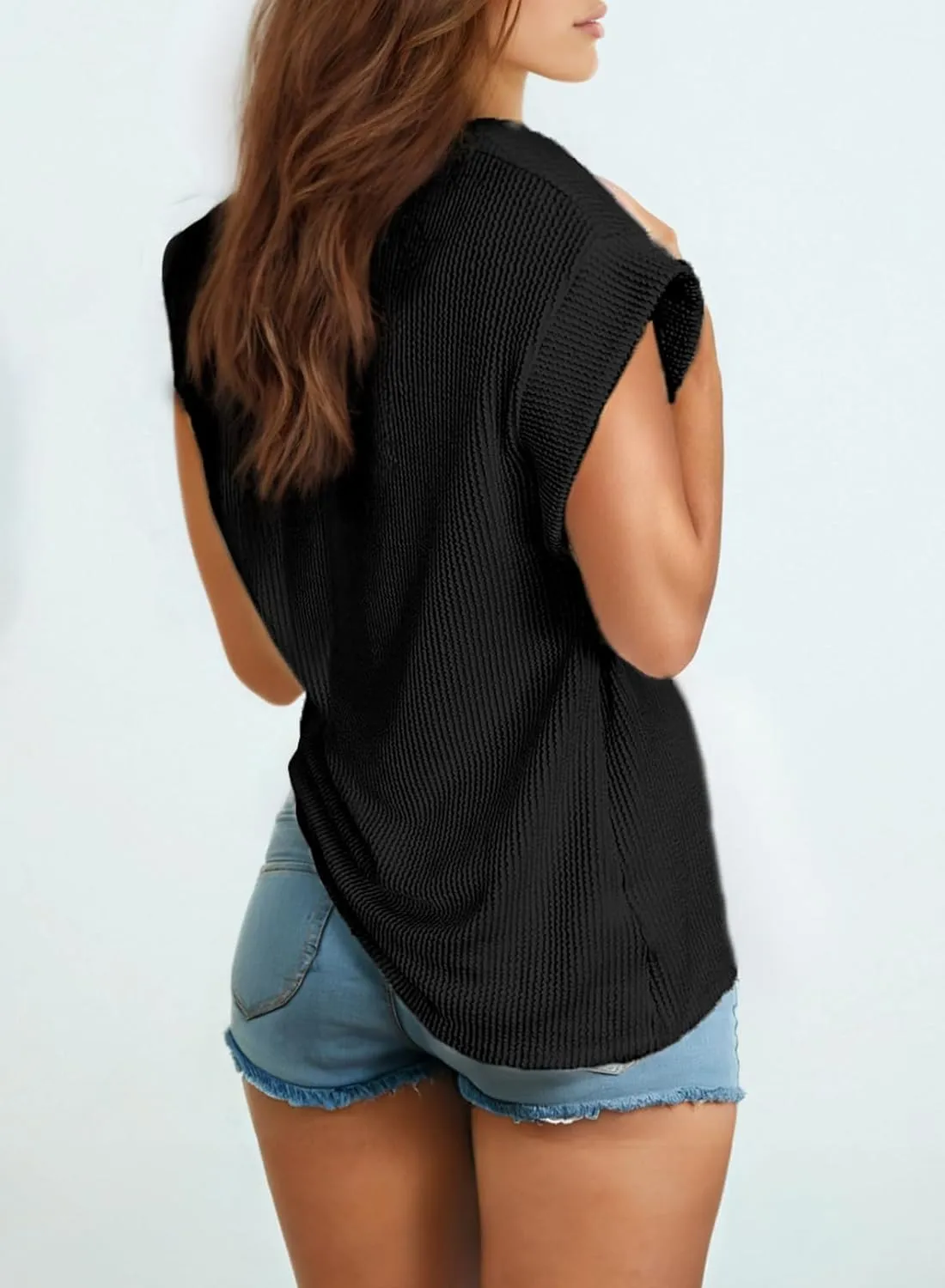 Eytino Womens Plus Size Tops Summer Cap Sleeve Crew Neck Casual Loose Solid Ribbed Knit Basic Tee Shirt(1X-5X)