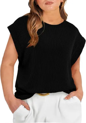 Eytino Womens Plus Size Tops Summer Cap Sleeve Crew Neck Casual Loose Solid Ribbed Knit Basic Tee Shirt(1X-5X)