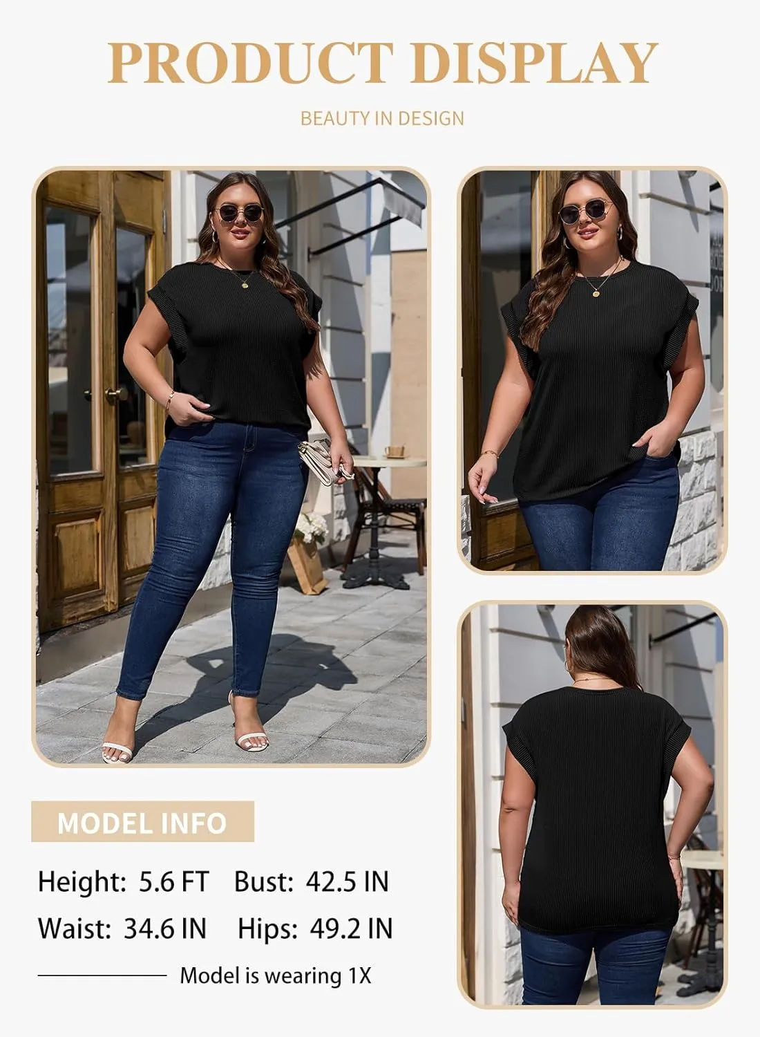Eytino Womens Plus Size Tops Summer Cap Sleeve Crew Neck Casual Loose Solid Ribbed Knit Basic Tee Shirt(1X-5X)