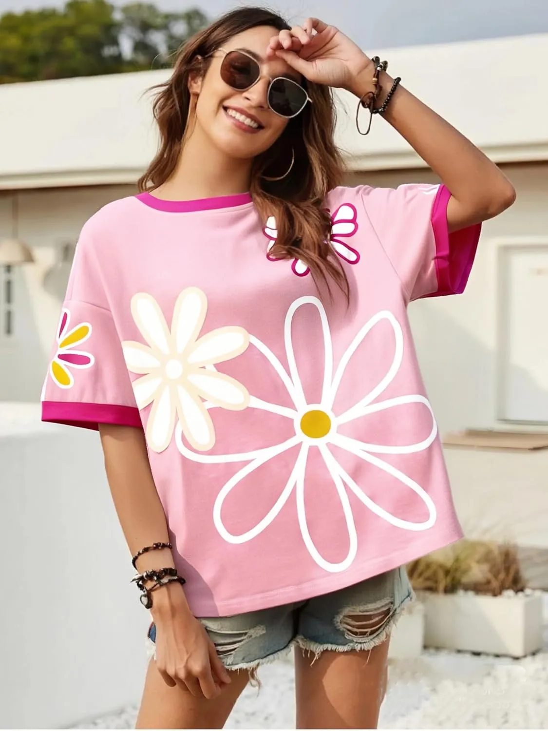 Flower Shirts for Women Daisy Tshirt Boho Floral Wildflowers Graphic Tee Summer Short Sleeve Tops