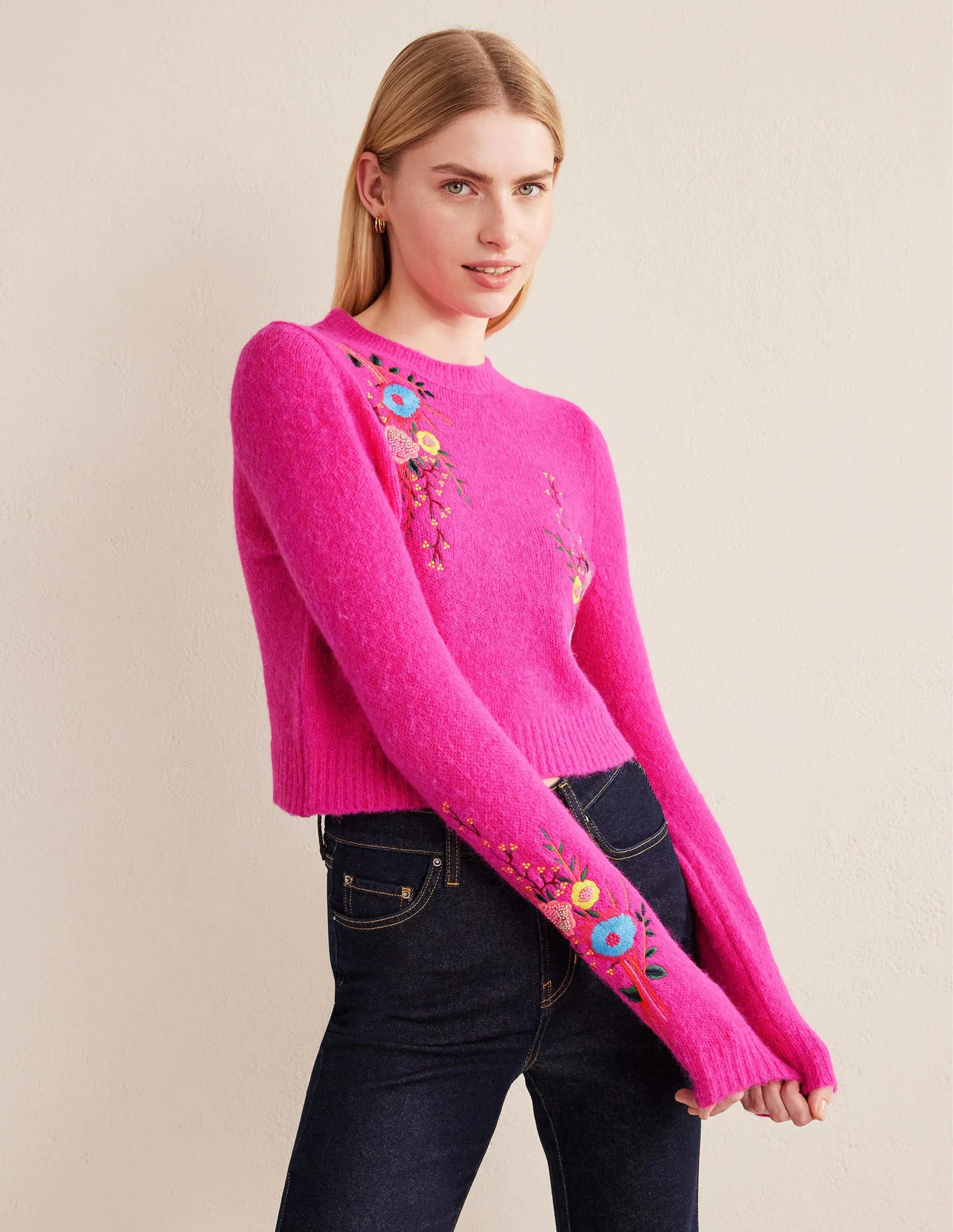 Fluffy Floral Detail Jumper-Shocking Pink Floral