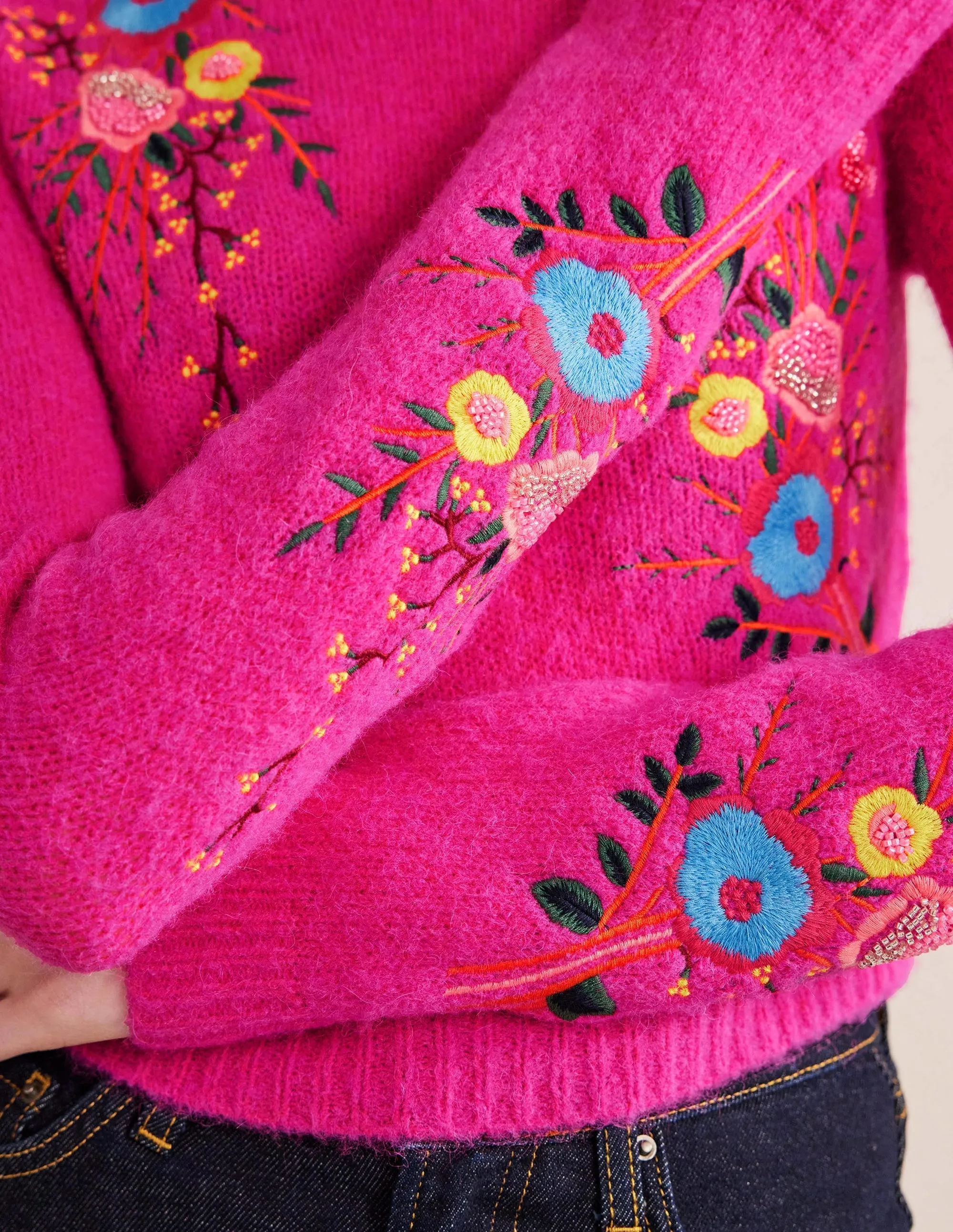 Fluffy Floral Detail Jumper-Shocking Pink Floral