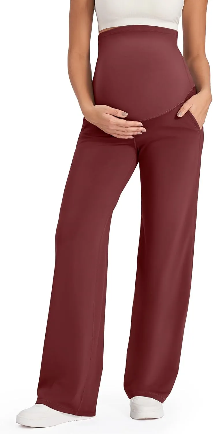 G4Free Maternity Pants Over The Belly Yoga Dress Work Pregnancy Pants Stretchy Lounge Wide Leg Trousers with Pockets