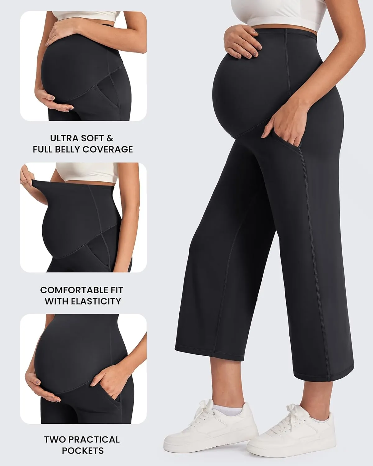 G4Free Wide Leg Maternity Yoga Capris Over The Belly Stretch Pregnancy Cropped Pants with Pockets