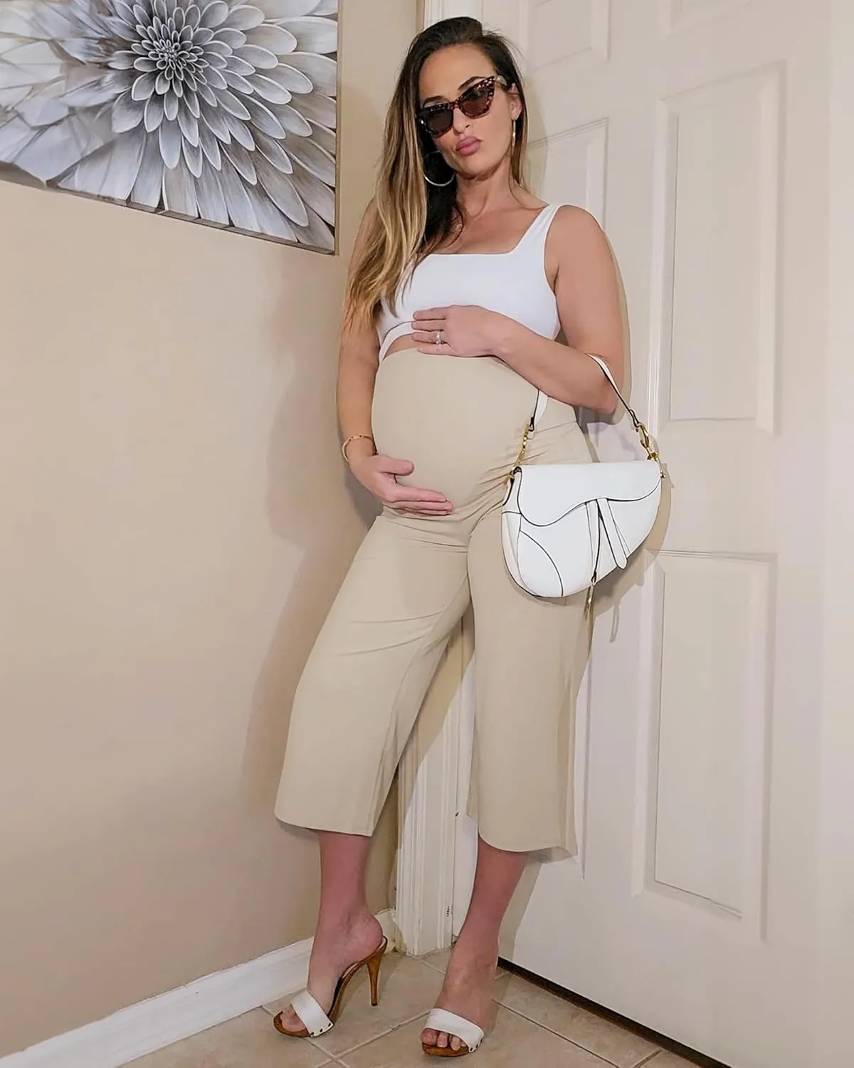 G4Free Wide Leg Maternity Yoga Capris Over The Belly Stretch Pregnancy Cropped Pants with Pockets