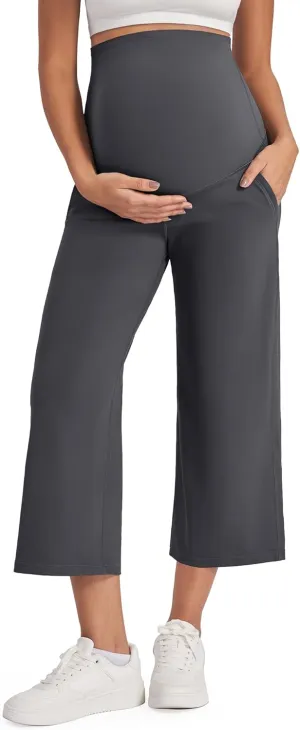 G4Free Wide Leg Maternity Yoga Capris Over The Belly Stretch Pregnancy Cropped Pants with Pockets