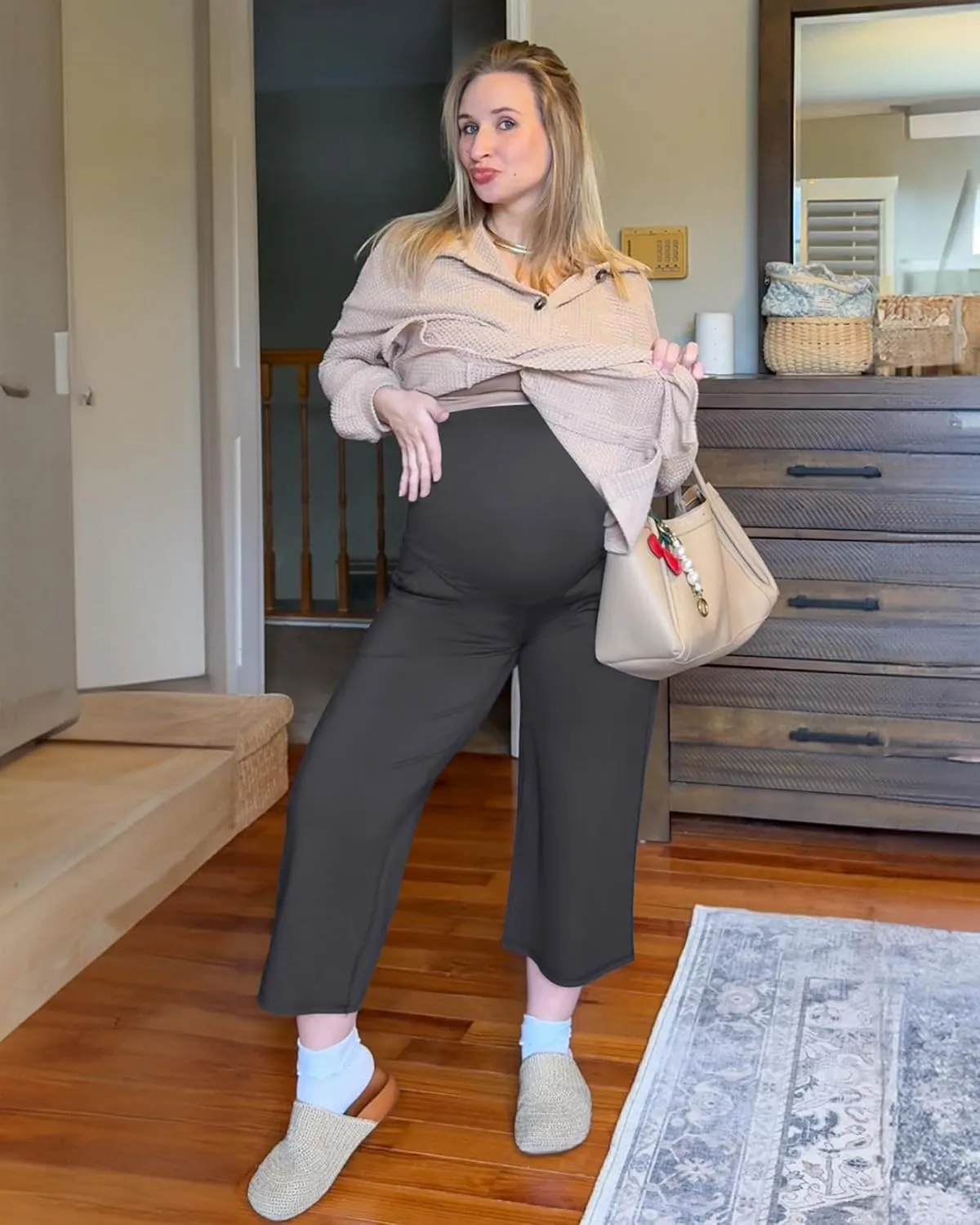 G4Free Wide Leg Maternity Yoga Capris Over The Belly Stretch Pregnancy Cropped Pants with Pockets