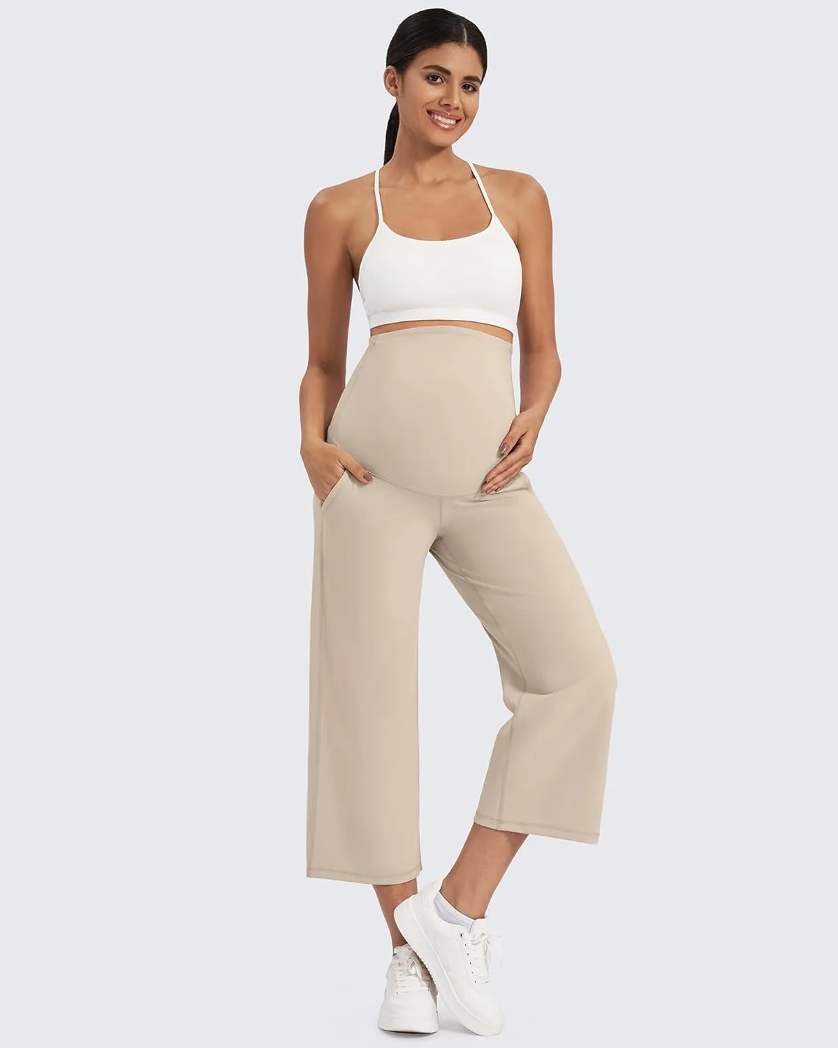 G4Free Wide Leg Maternity Yoga Capris Over The Belly Stretch Pregnancy Cropped Pants with Pockets