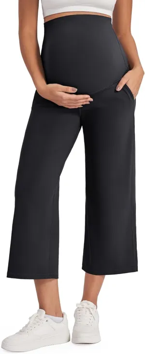 G4Free Wide Leg Maternity Yoga Capris Over The Belly Stretch Pregnancy Cropped Pants with Pockets