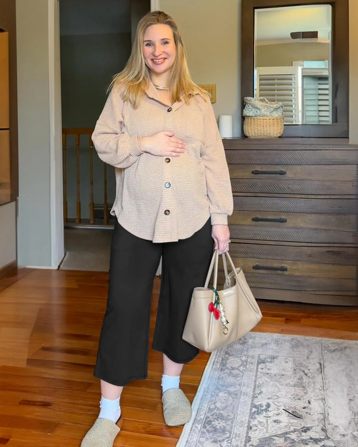 G4Free Wide Leg Maternity Yoga Capris Over The Belly Stretch Pregnancy Cropped Pants with Pockets