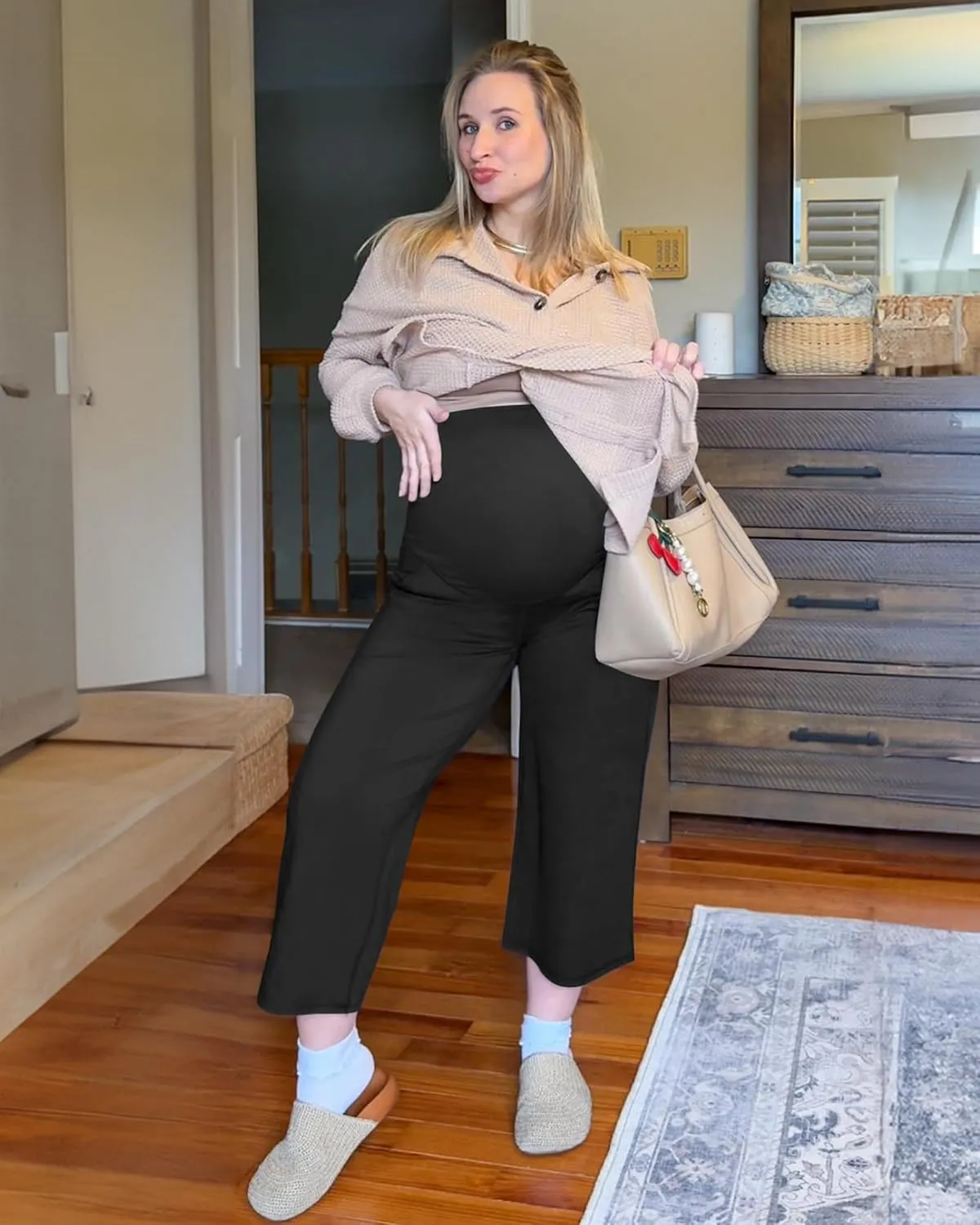 G4Free Wide Leg Maternity Yoga Capris Over The Belly Stretch Pregnancy Cropped Pants with Pockets