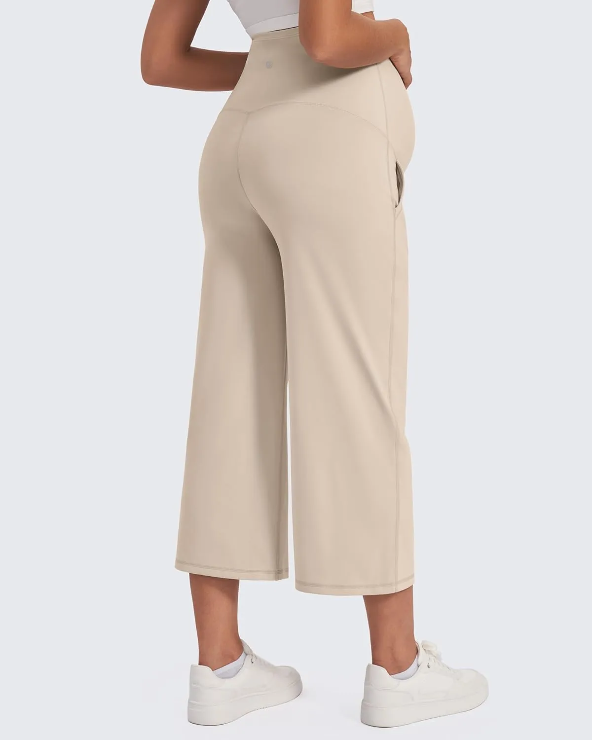 G4Free Wide Leg Maternity Yoga Capris Over The Belly Stretch Pregnancy Cropped Pants with Pockets