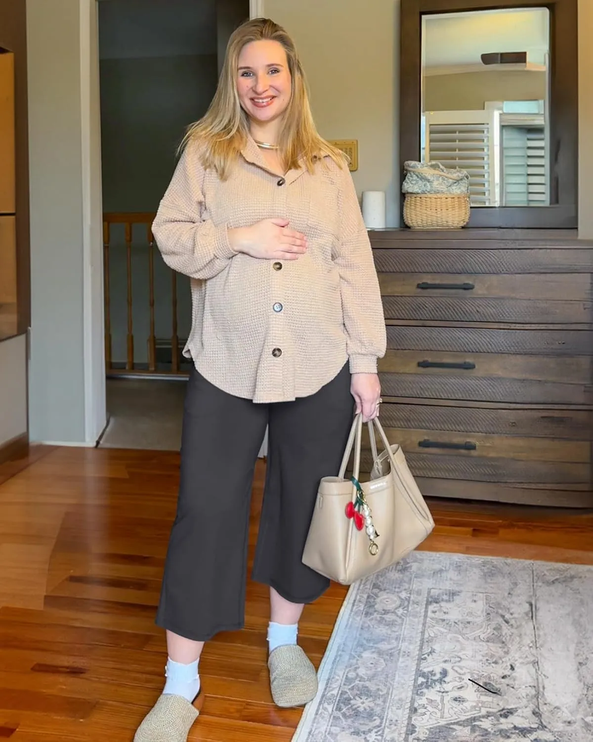 G4Free Wide Leg Maternity Yoga Capris Over The Belly Stretch Pregnancy Cropped Pants with Pockets