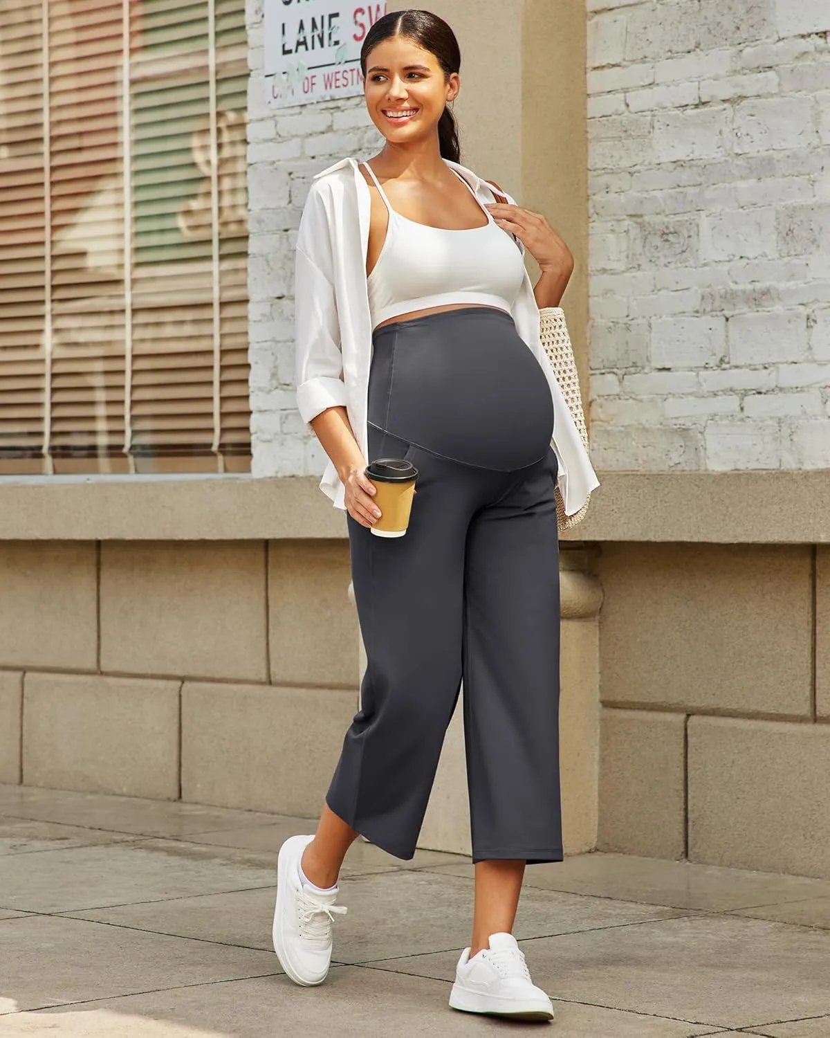 G4Free Wide Leg Maternity Yoga Capris Over The Belly Stretch Pregnancy Cropped Pants with Pockets