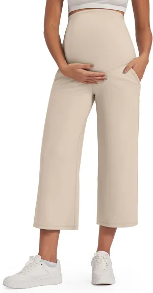 G4Free Wide Leg Maternity Yoga Capris Over The Belly Stretch Pregnancy Cropped Pants with Pockets