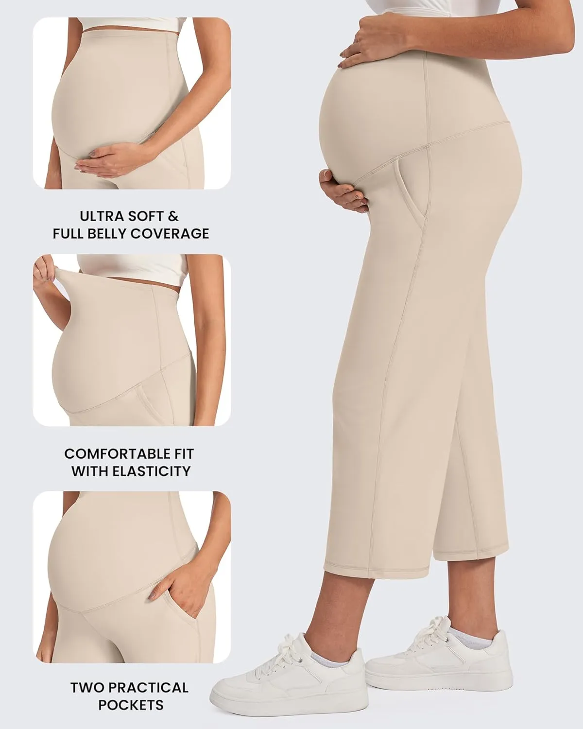 G4Free Wide Leg Maternity Yoga Capris Over The Belly Stretch Pregnancy Cropped Pants with Pockets