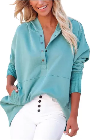 HGps8w Women's Half Button Oversized Hoodies, Casual Long Sleeve Loose Pullover Hooded Sweatshirt Trendy Tunic Blouses