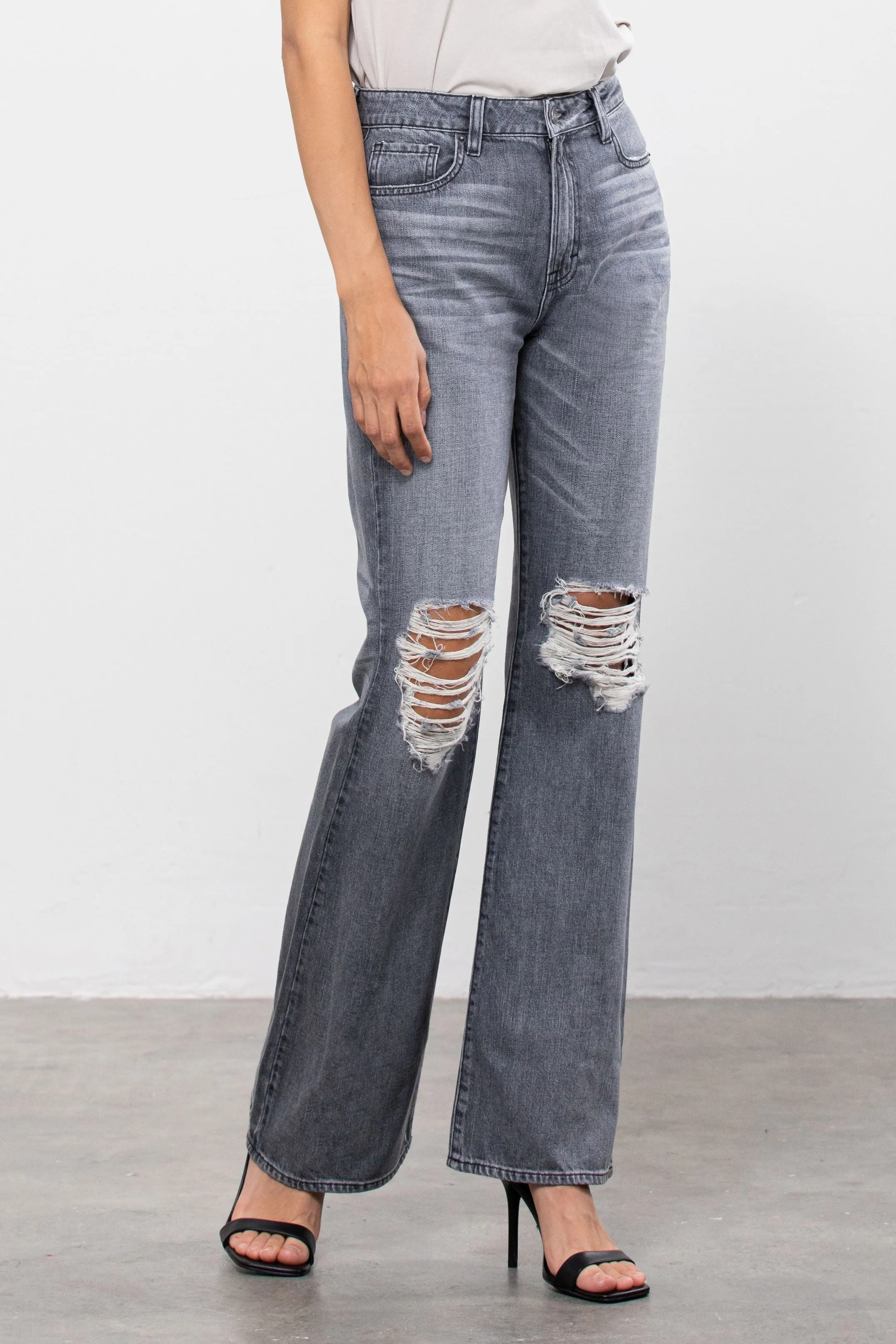 Hidden Happi Ultra High Rise Distressed Flare In Grey