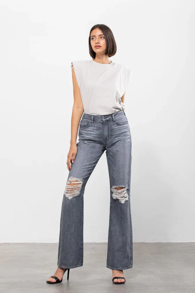 Hidden Happi Ultra High Rise Distressed Flare In Grey