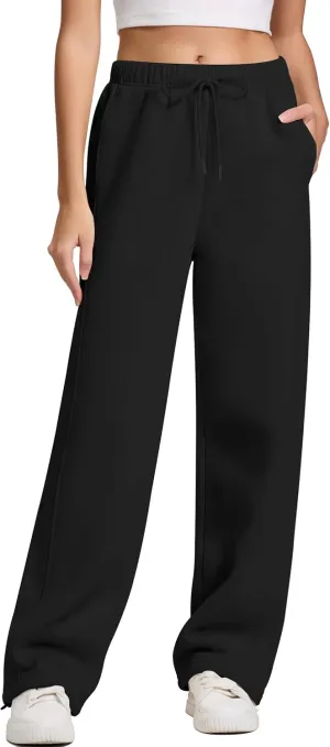 IWD Women's Cinch Bottom Sweatpants Fleece Lined Baggy Lounge Pants Wide Straight Leg Sweat Pants with 3 Pockets