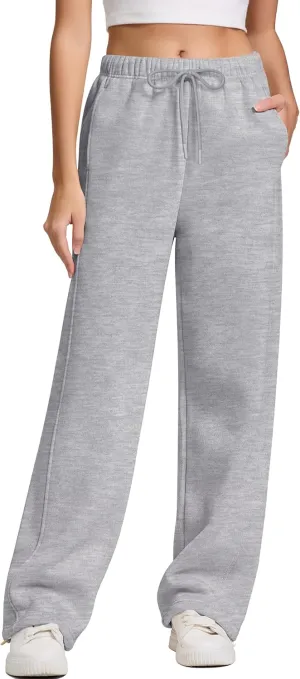 IWD Women's Cinch Bottom Sweatpants Fleece Lined Baggy Lounge Pants Wide Straight Leg Sweat Pants with 3 Pockets