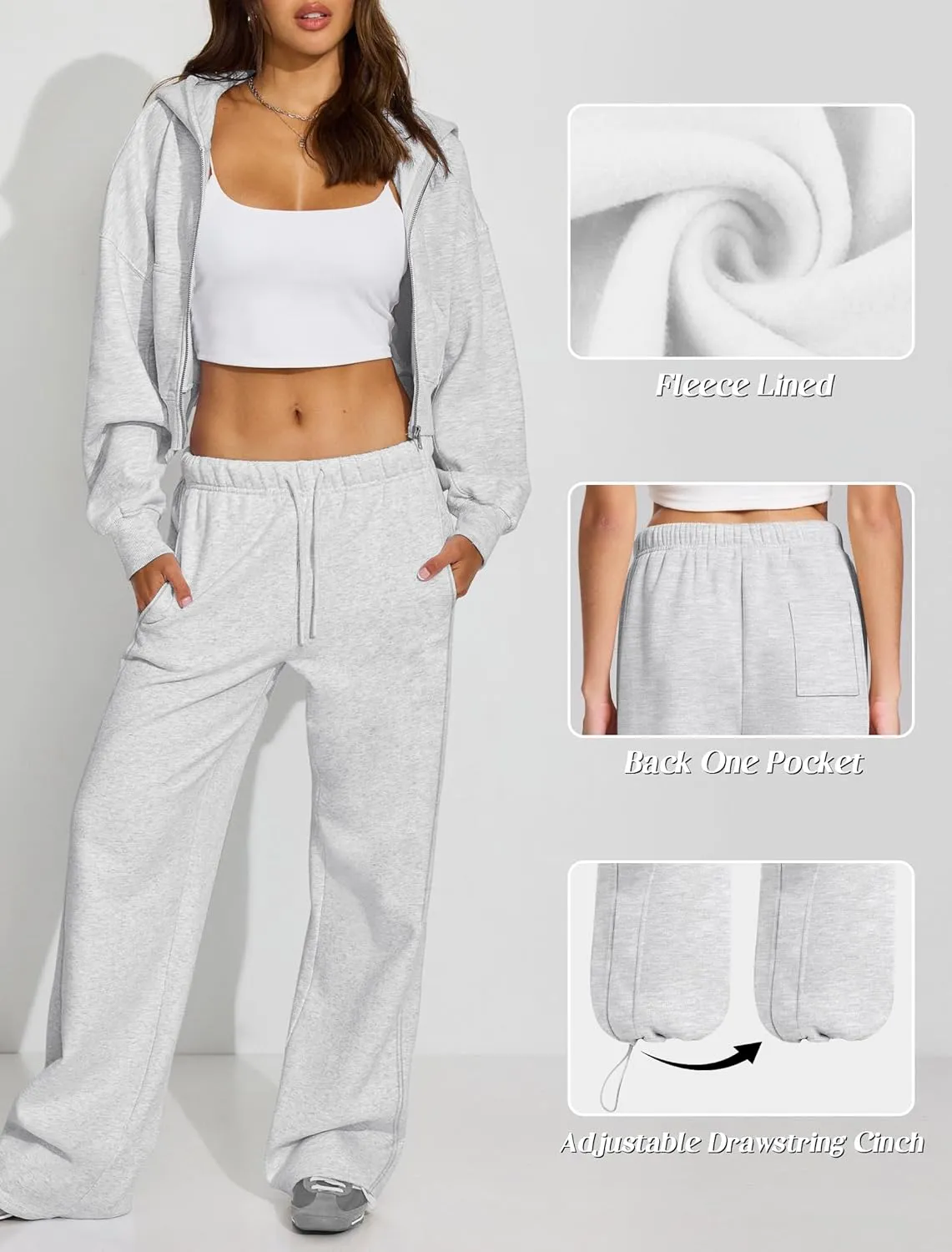 IWD Women's Cinch Bottom Sweatpants Fleece Lined Baggy Lounge Pants Wide Straight Leg Sweat Pants with 3 Pockets