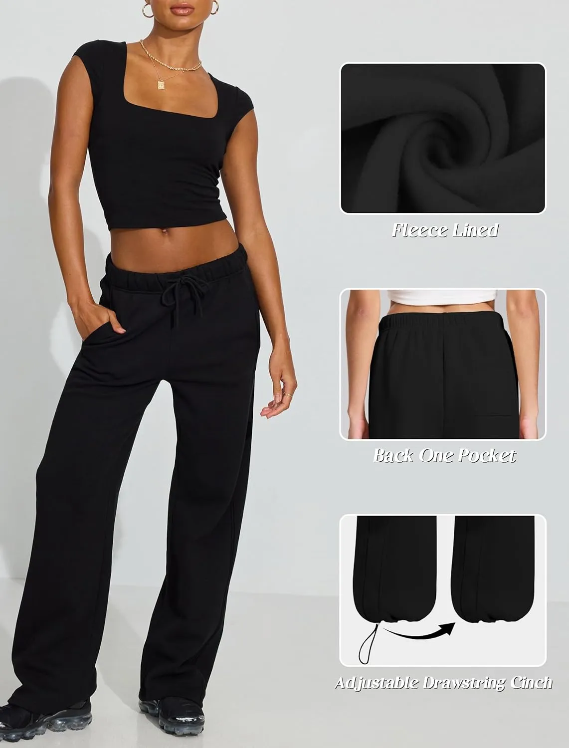 IWD Women's Cinch Bottom Sweatpants Fleece Lined Baggy Lounge Pants Wide Straight Leg Sweat Pants with 3 Pockets