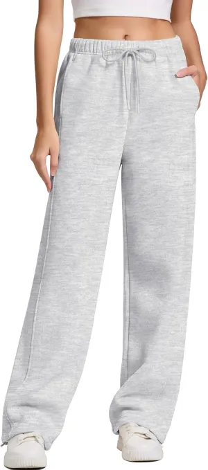 IWD Women's Cinch Bottom Sweatpants Fleece Lined Baggy Lounge Pants Wide Straight Leg Sweat Pants with 3 Pockets