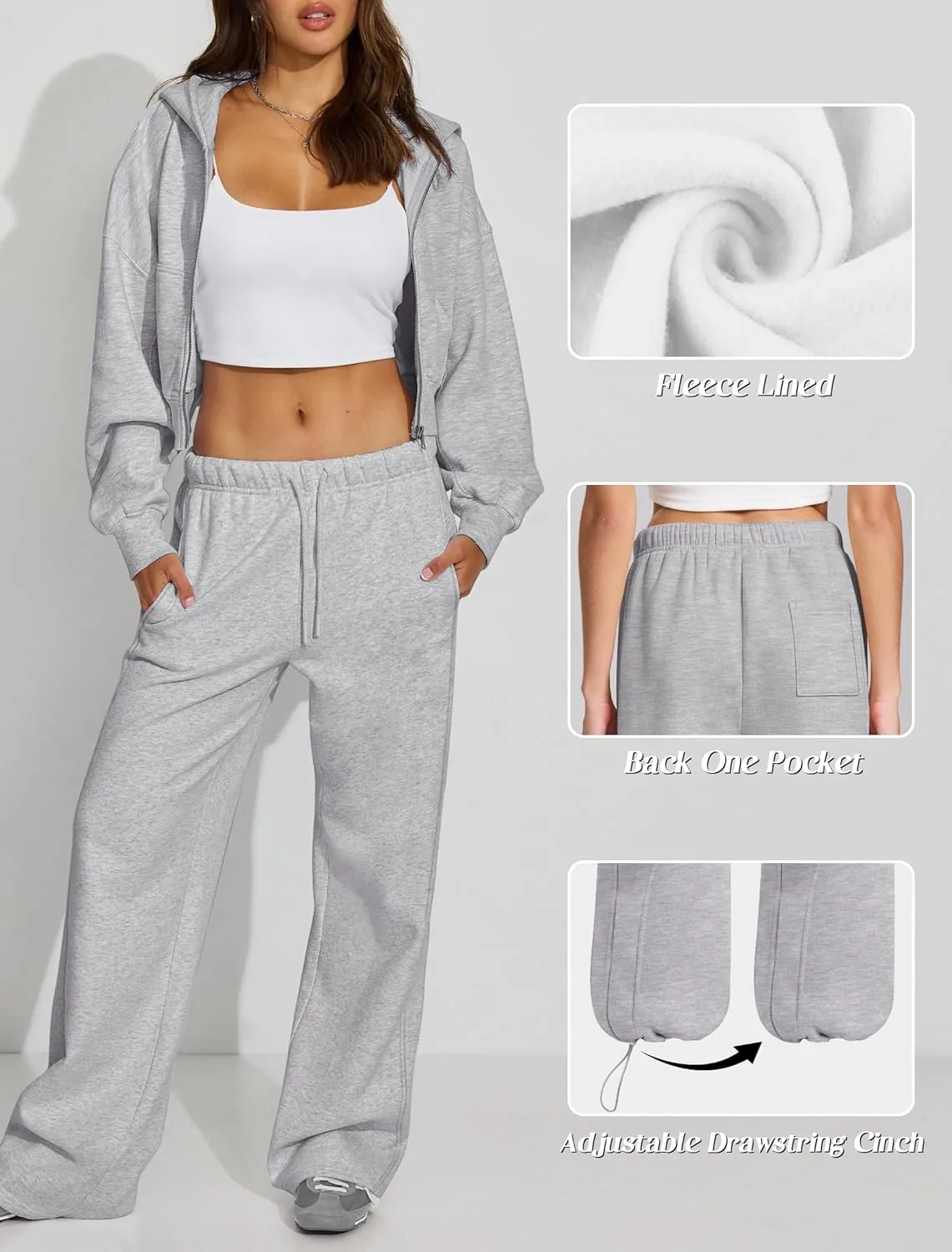 IWD Women's Cinch Bottom Sweatpants Fleece Lined Baggy Lounge Pants Wide Straight Leg Sweat Pants with 3 Pockets