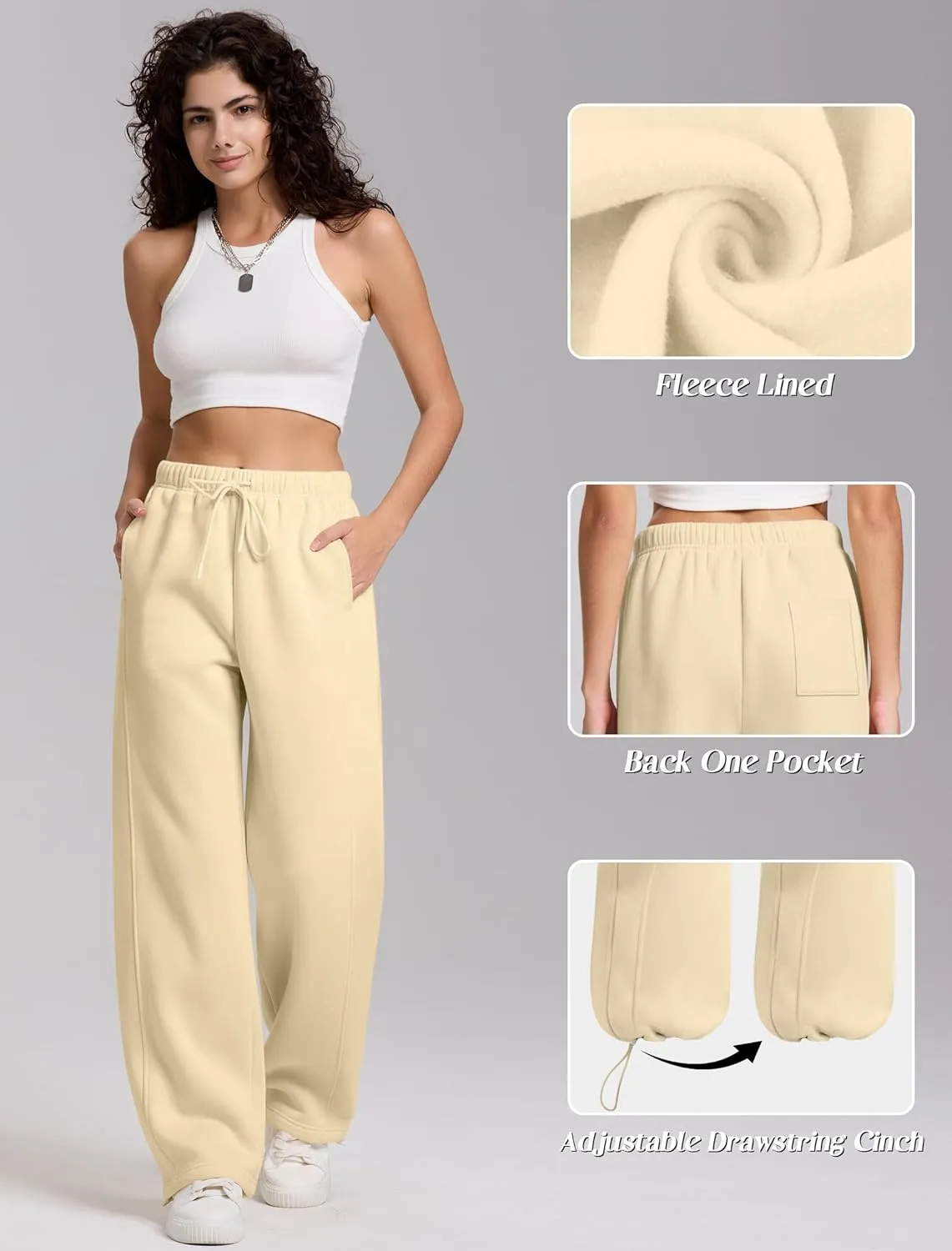 IWD Women's Cinch Bottom Sweatpants Fleece Lined Baggy Lounge Pants Wide Straight Leg Sweat Pants with 3 Pockets
