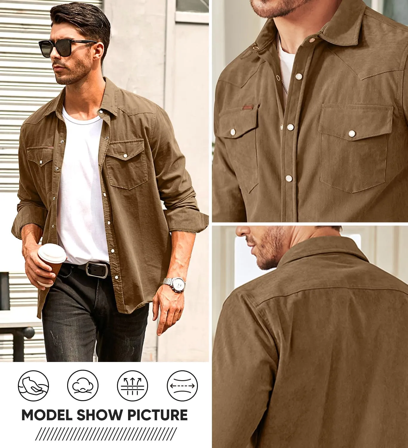 JMIERR Men's Corduroy Shirts Casual Western Long Sleeve Button Down Shacket Jackets with 2 Flap Pocket