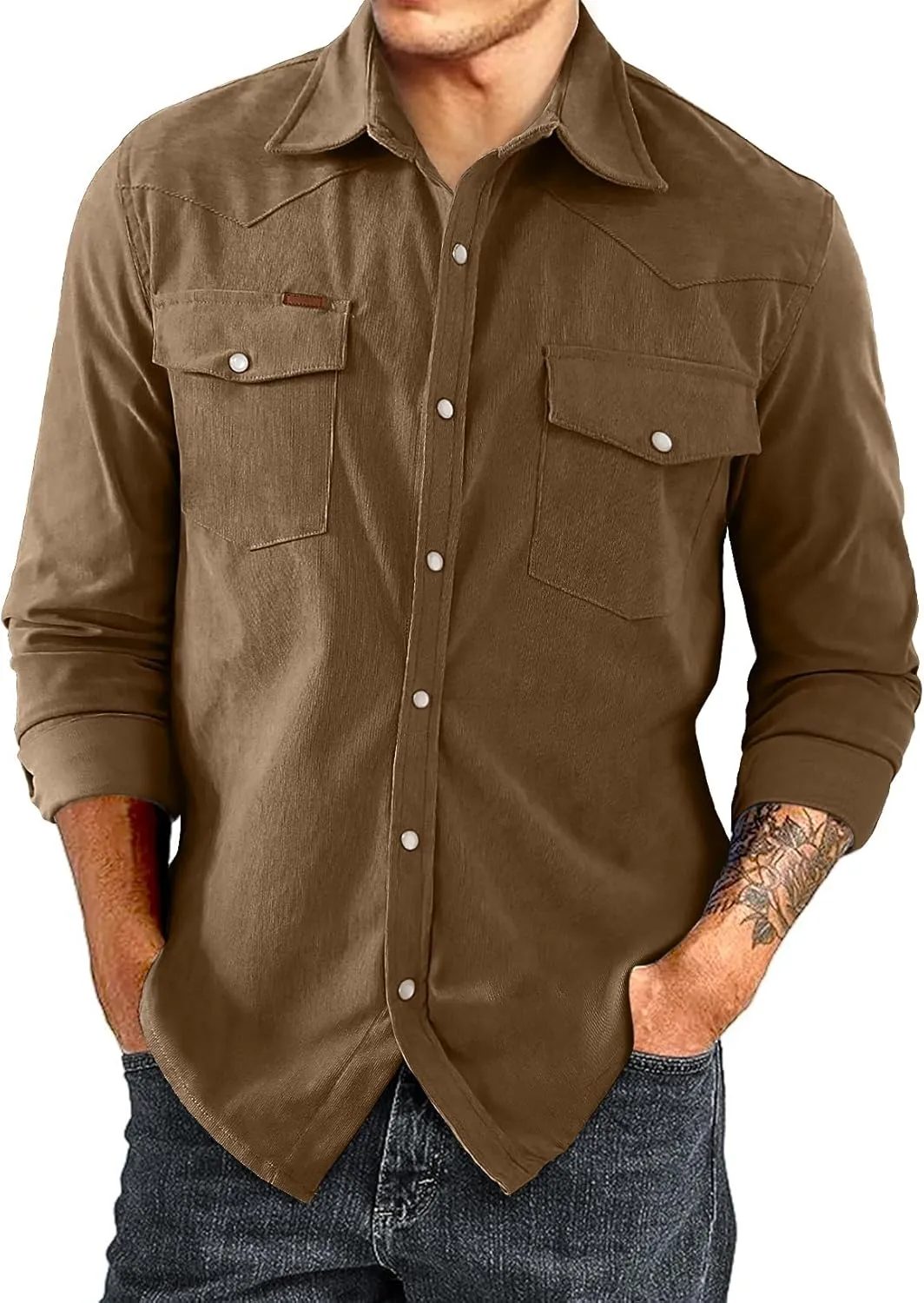 JMIERR Men's Corduroy Shirts Casual Western Long Sleeve Button Down Shacket Jackets with 2 Flap Pocket