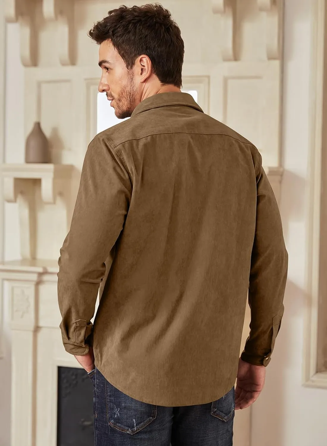 JMIERR Men's Corduroy Shirts Casual Western Long Sleeve Button Down Shacket Jackets with 2 Flap Pocket