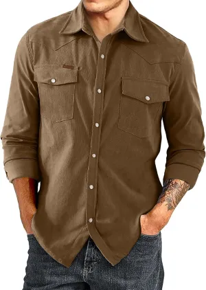 JMIERR Men's Corduroy Shirts Casual Western Long Sleeve Button Down Shacket Jackets with 2 Flap Pocket