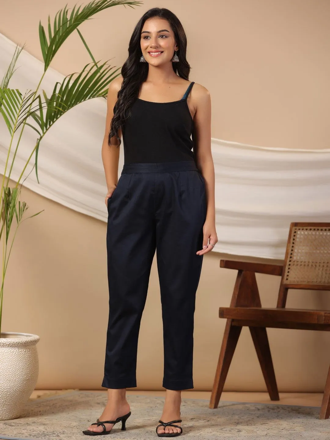 Juniper Blue Solid Lycra Women Drawstring Pants With Single Side Pocket