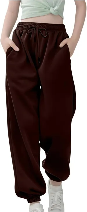 Kids Girls High Waisted Sweatpants Active Joggers Casual Loose Solid Trousers Baggy Sweat Pants with Pockets Clothes