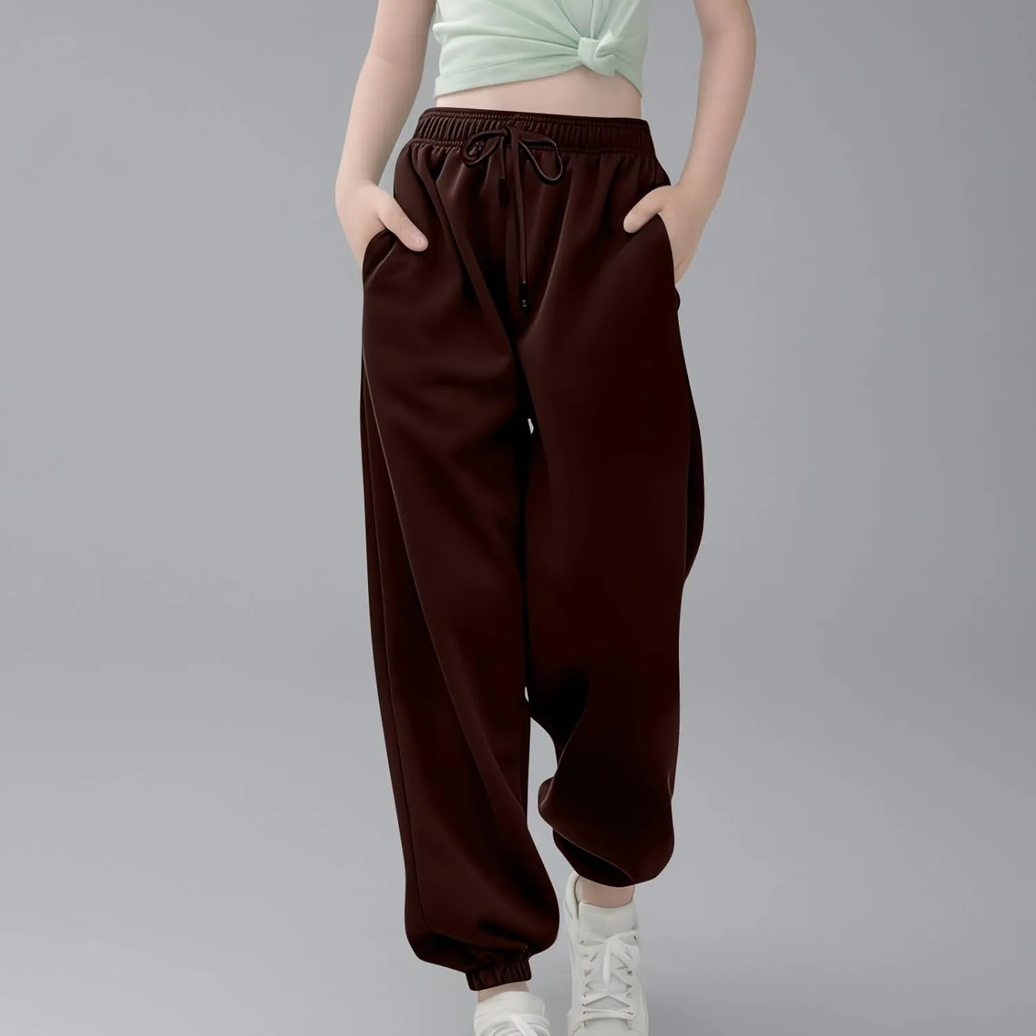 Kids Girls High Waisted Sweatpants Active Joggers Casual Loose Solid Trousers Baggy Sweat Pants with Pockets Clothes