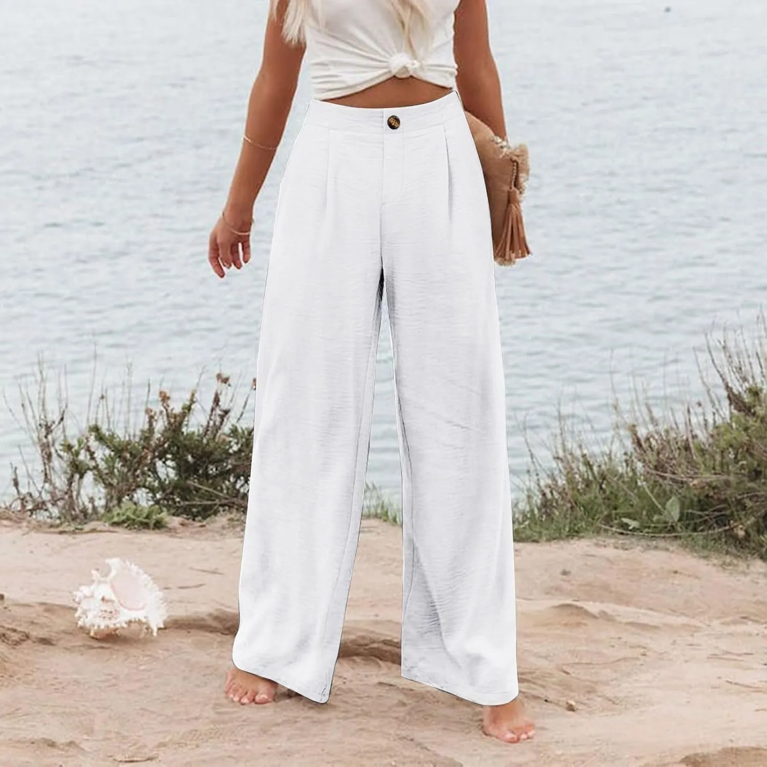 Linen Palazzo Pants for Women Casual Striped Linen Pants High Waisted Wide Leg Pants with Pockets Summer Beach Trousers