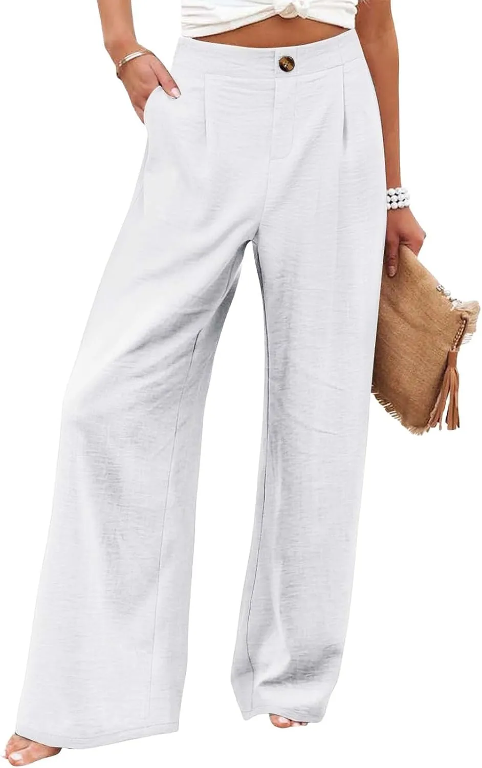 Linen Palazzo Pants for Women Casual Striped Linen Pants High Waisted Wide Leg Pants with Pockets Summer Beach Trousers