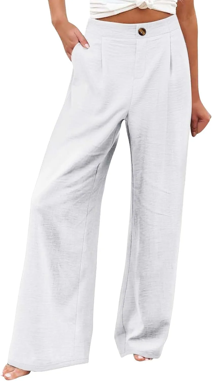 Linen Palazzo Pants for Women Casual Striped Linen Pants High Waisted Wide Leg Pants with Pockets Summer Beach Trousers