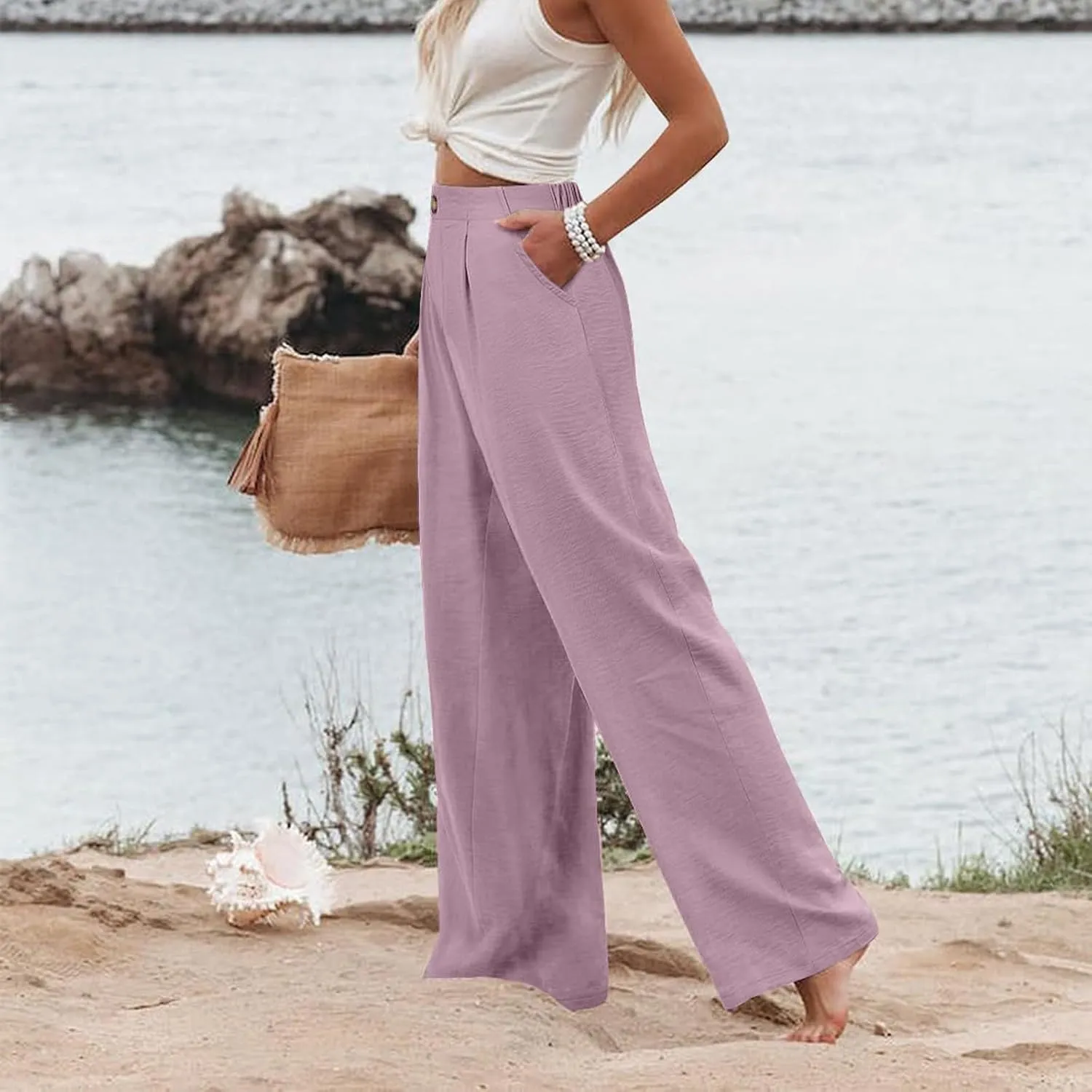Linen Palazzo Pants for Women Casual Striped Linen Pants High Waisted Wide Leg Pants with Pockets Summer Beach Trousers