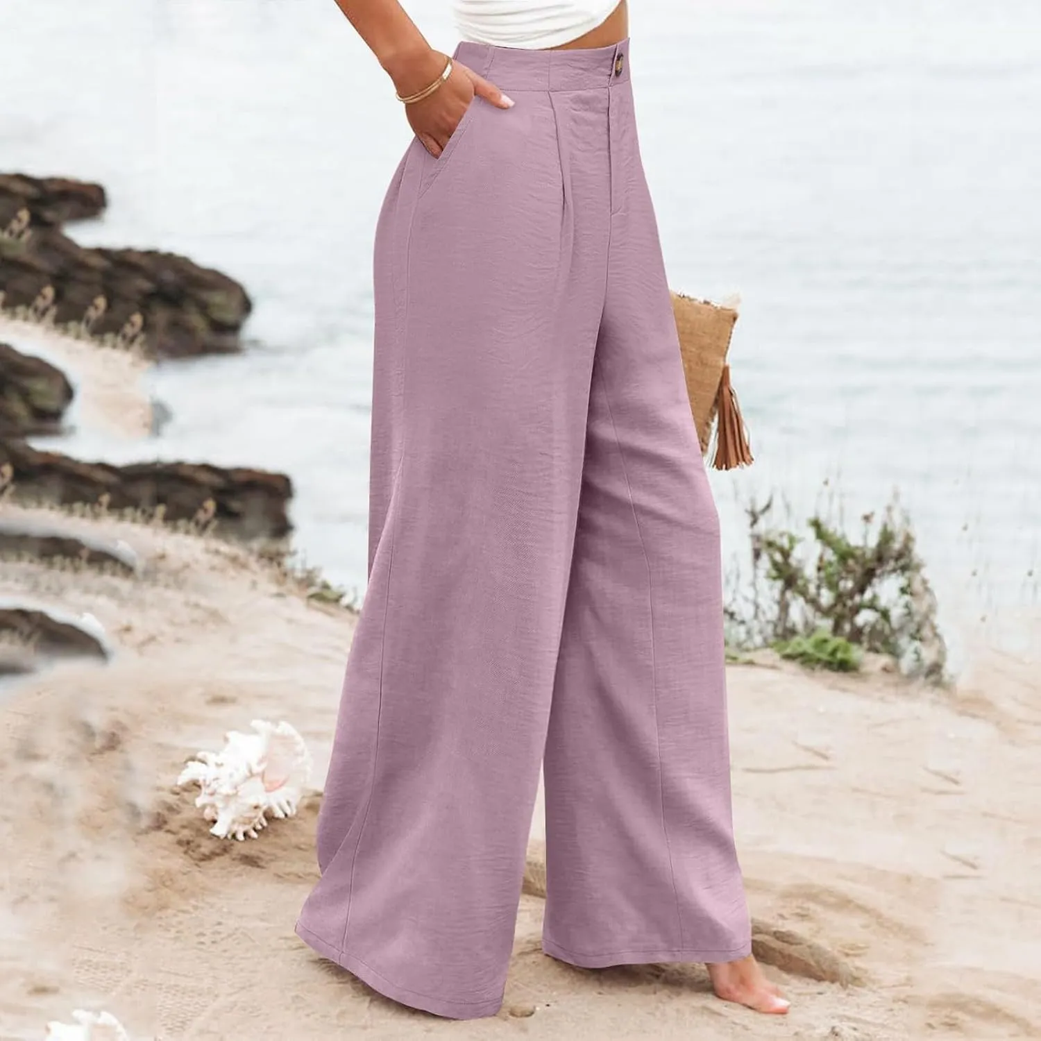 Linen Palazzo Pants for Women Casual Striped Linen Pants High Waisted Wide Leg Pants with Pockets Summer Beach Trousers