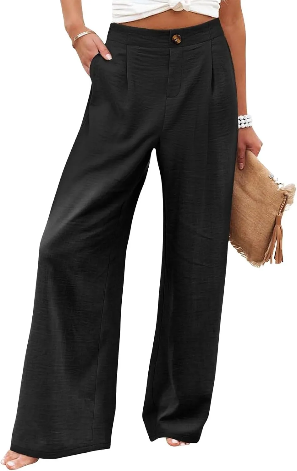 Linen Palazzo Pants for Women Casual Striped Linen Pants High Waisted Wide Leg Pants with Pockets Summer Beach Trousers