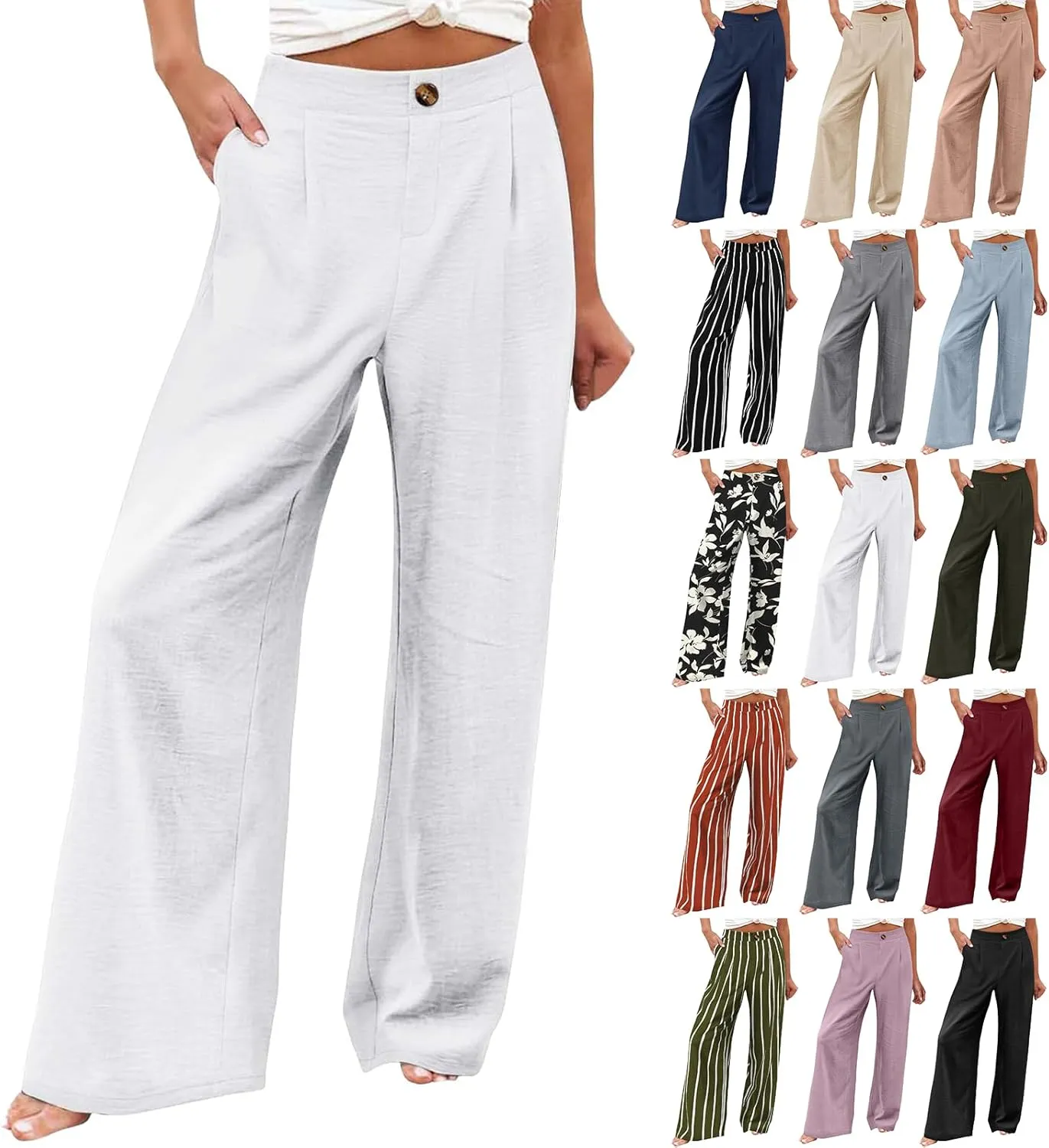 Linen Palazzo Pants for Women Casual Striped Linen Pants High Waisted Wide Leg Pants with Pockets Summer Beach Trousers