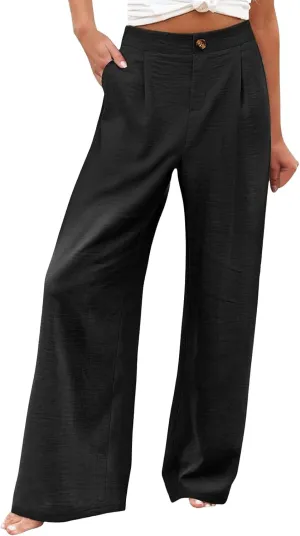 Linen Palazzo Pants for Women Casual Striped Linen Pants High Waisted Wide Leg Pants with Pockets Summer Beach Trousers