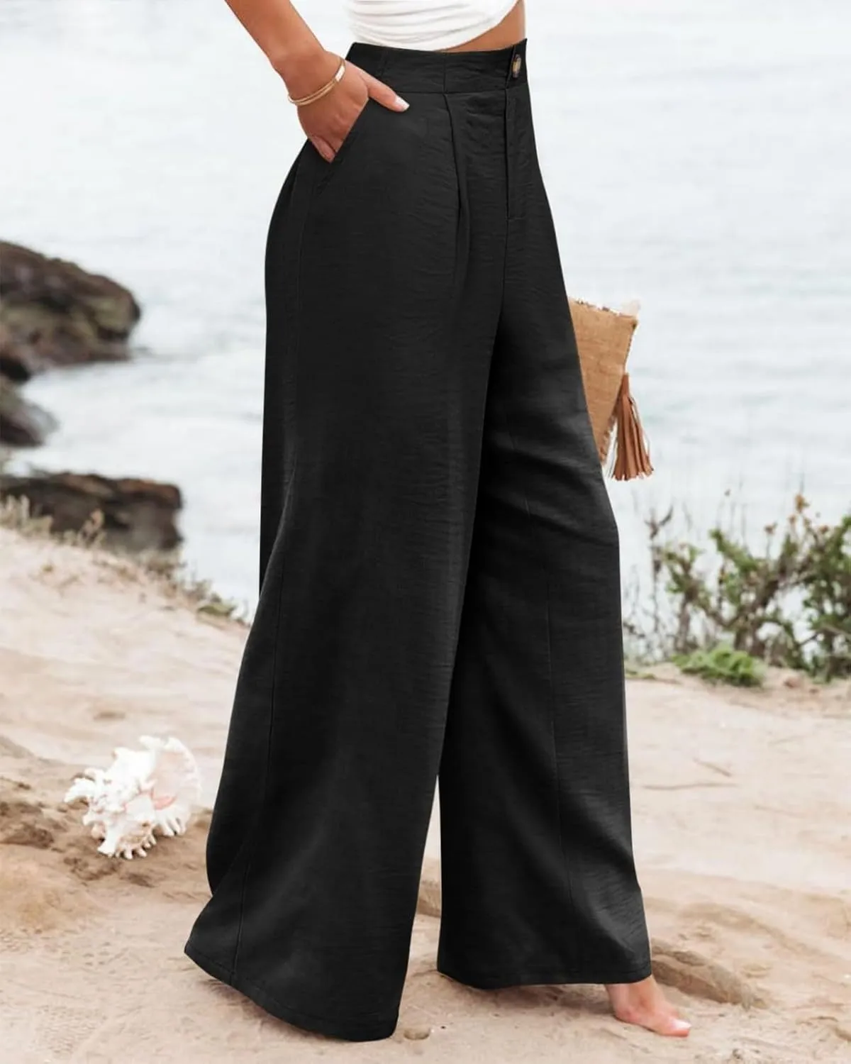 Linen Palazzo Pants for Women Casual Striped Linen Pants High Waisted Wide Leg Pants with Pockets Summer Beach Trousers