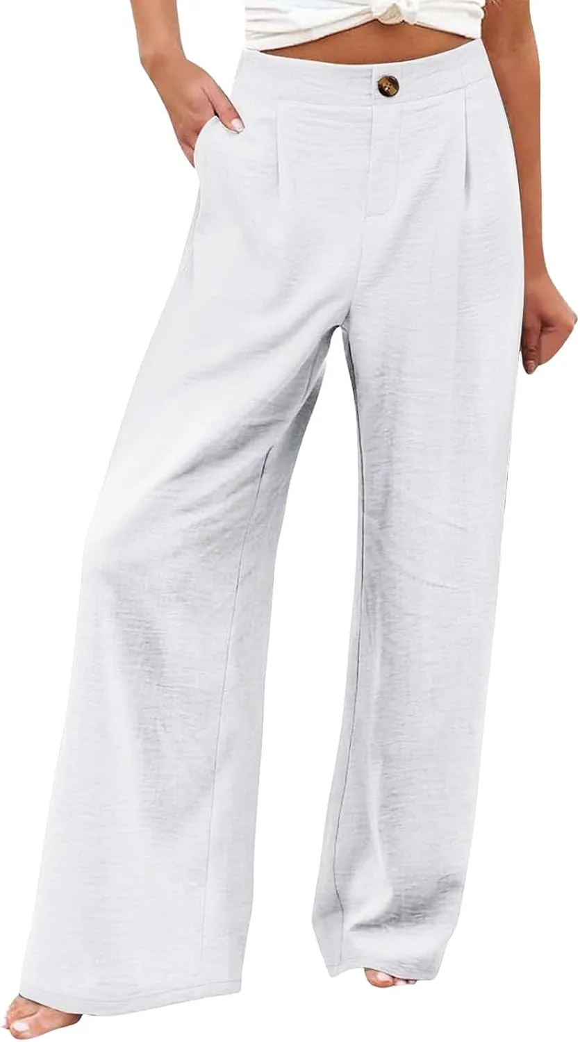 Linen Palazzo Pants for Women Casual Striped Linen Pants High Waisted Wide Leg Pants with Pockets Summer Beach Trousers